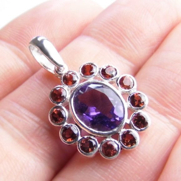 Amethyst & Garnet Sterling SILVER Pendant Plus Free Silver Chain - Picture 5 of 5